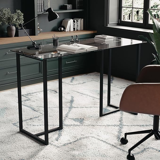 Martha Stewart Eli Home Office Desk with Glass Top and Steel Frame, Oil Rubbed Bronze