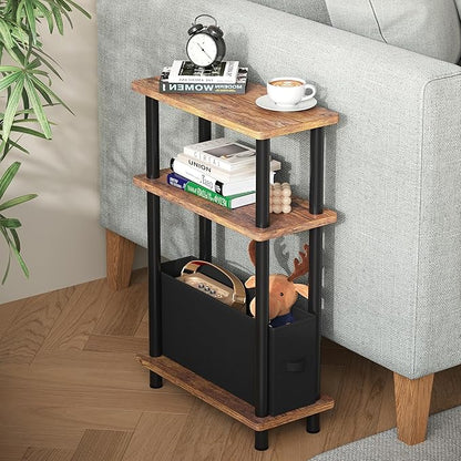 Apicizon Small Narrow Side Table, 3-Tier Skinny End Table for Small Spaces, Slim Nightstand with Fabric Basket, Bedside Table for Living Room, Bedroom, Rustic Brown and Black