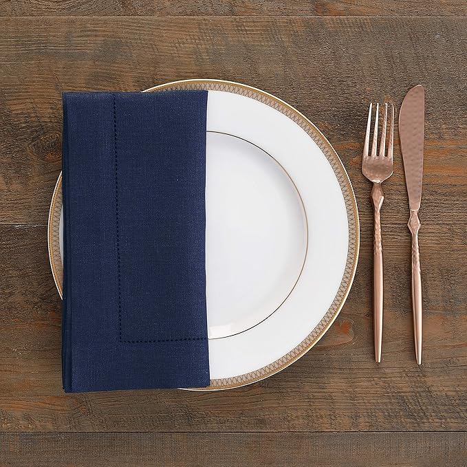 Solino Home Navy Blue Linen Napkins Set of 6-100% Pure Linen Hemstitch Dinner Napkins 20 x 20 Inch for Fall, Autumn, Christmas, Holiday, Winter, New Year - Classic Hemstitch