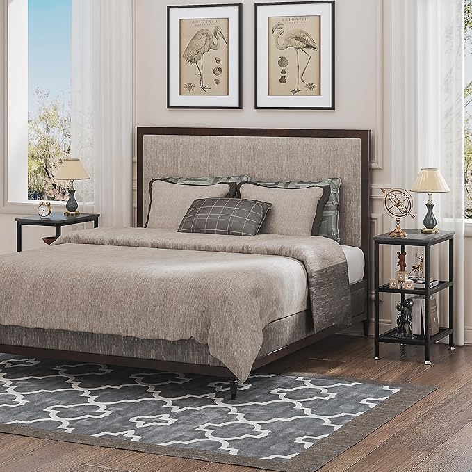 VECELO Tall End Side Tables, 30" Height Nightstand with 3-Tier Storage Shelf for Bedroom Living Room, Easy Assembly,Industrial Style, Carbon Grey