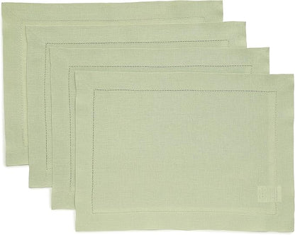 Solino Home Linen Placemats Set of 4 - Classic Hemstitch Sage Green Placemats 14 x 19 Inch - 100% Pure Linen Table Mats for Fall, Autumn, Christmas, Winter, New Year