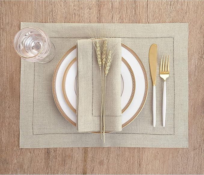 Solino Home Linen Placemats Set of 4 - Classic Hemstitch Natural Placemats 14 x 19 Inch - 100% Pure Linen Table Mats for Fall, Autumn, Christmas, Holiday, New Year