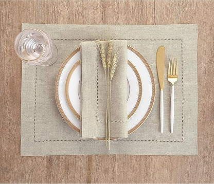 Solino Home Linen Placemats Set of 4 - Classic Hemstitch Natural Placemats 14 x 19 Inch - 100% Pure Linen Table Mats for Fall, Autumn, Christmas, Holiday, New Year