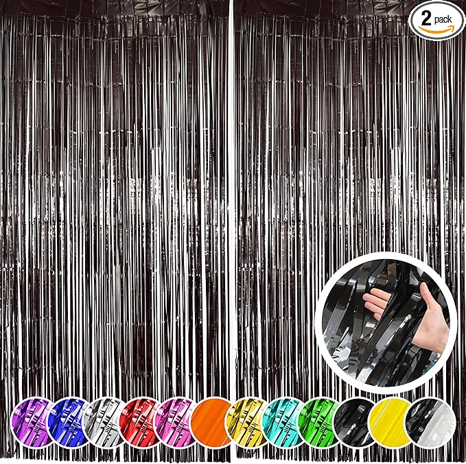 2 Pack Black Fringe Curtain Backdrop, Black Streamers, Halloween, Birthday, Shower, Party Decorations