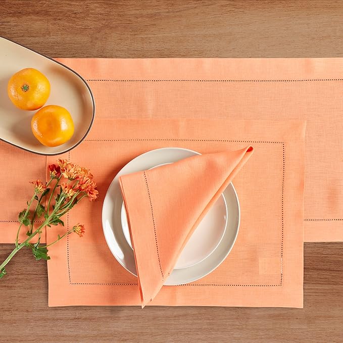 Solino Home Linen Cloth Placemats Set of 4-100% Pure Linen Hemstitch Coral Placemats 14 x 19 Inch - Classic Hemstitch Table Place Mats