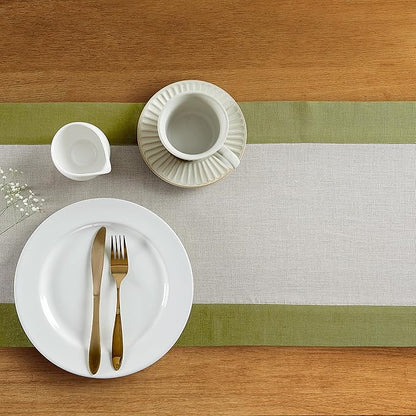 Solino Home Linen Table Runner 48 Inches - 100% Pure Linen Avocado and Natural Short Table Runner 14 x 48 Inch Ideal for Dresser and Coffee Tables - Contempo - Thanksgiving, Winter