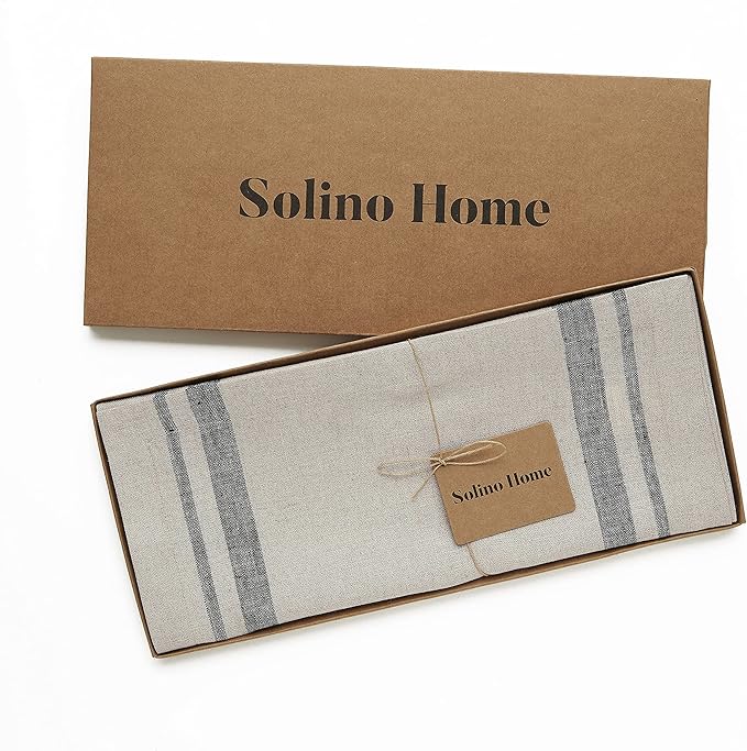 Solino Home Linen Table Runner 156 Inches Long - 100% Pure Linen Black and Natural French Stripe Table Runner 14 x 156 Inch for Dining