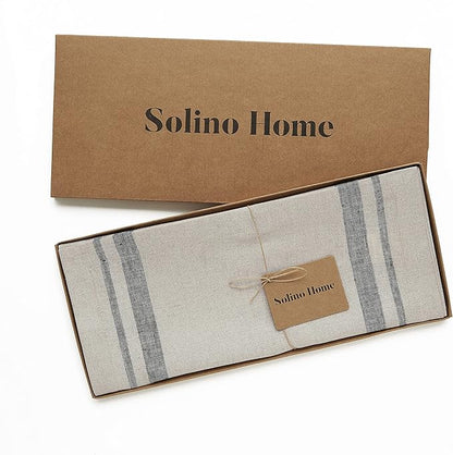 Solino Home Linen Table Runner 132 Inches Long - 100% Pure Linen Black and Natural French Stripe Table Runner 14 x 132 Inch for Dining