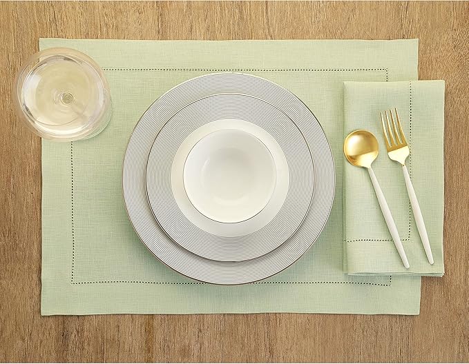 Solino Home Linen Cloth Placemats Set of 6-100% Pure Linen Hemstitch Sage Green Placemats 14 x 19 Inch - Classic Hemstitch Table Place Mats for Fall, Autumn, Christmas, Winter, New Year