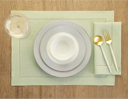 Solino Home Linen Cloth Placemats Set of 6-100% Pure Linen Hemstitch Sage Green Placemats 14 x 19 Inch - Classic Hemstitch Table Place Mats for Fall, Autumn, Christmas, Winter, New Year