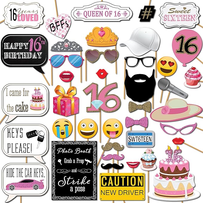 Sweet 16 Photo Booth Props - 41-pc Selfie Props with 8 x 10-Inch Sign, 60 Adhesive Pads, 45 Sticks - Sweet 16 Accessories - Photo Booth for Sweet 16-16th Birthday Photo Booth Props
