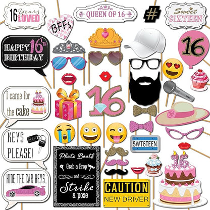 Sweet 16 Photo Booth Props - 41-pc Selfie Props with 8 x 10-Inch Sign, 60 Adhesive Pads, 45 Sticks - Sweet 16 Accessories - Photo Booth for Sweet 16-16th Birthday Photo Booth Props