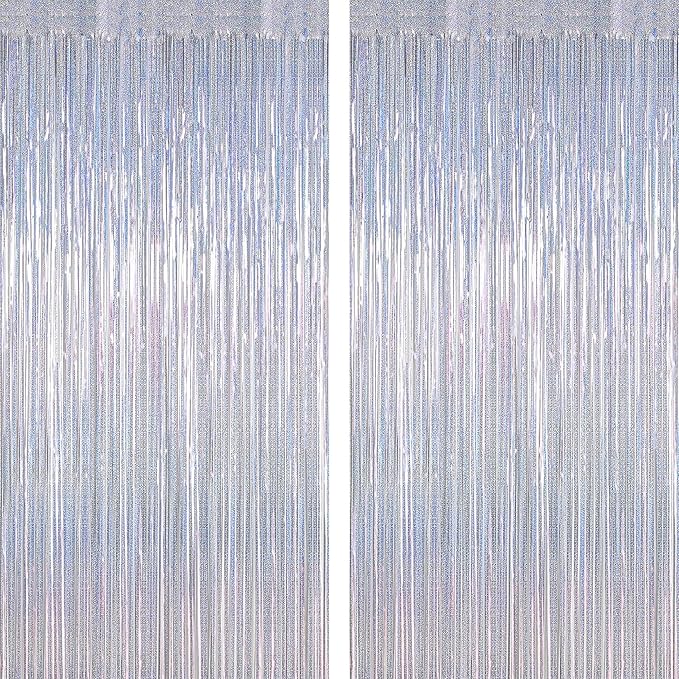 2 Pack Tinsel Backdrop, 3.28 FT x 7.05 FT Glitter Silver Fringe Curtains, Metallic Party Streamer Tinsel Backdrop Foil Curtains, Disco Party Supplies Engagement Decorations Bachelorette Decor