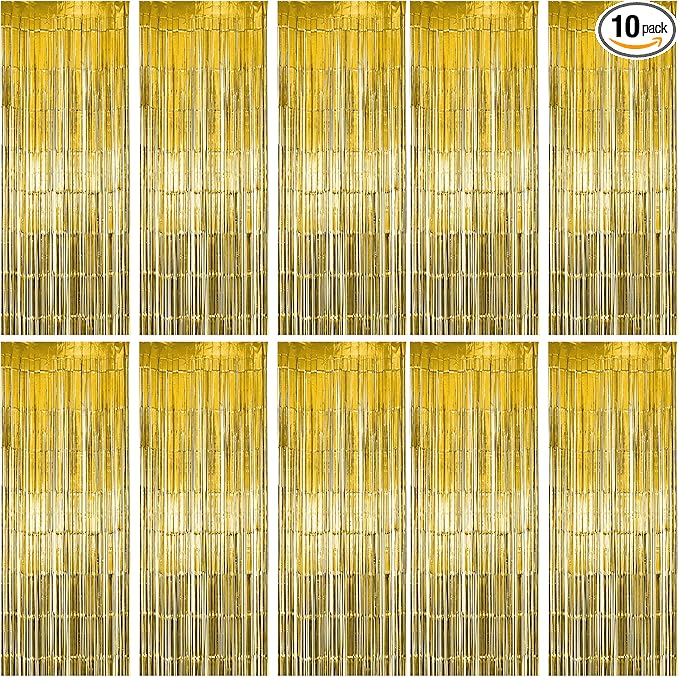 10 Pack Gold Fringe Curtain Party Backdrop, Gold Tinsel Backdrop, Decoration Supplies for Birthday, Holidays, Parties & More