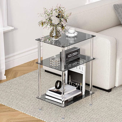 Tempered Glass Side Tables Set of 2 Acrylic End Table with 3 Storage Shelve transparent Bedside simplicity clear 3-Tier Nightstands for small Spaces Office Bedroom Living Room Study black ET-008BK3T