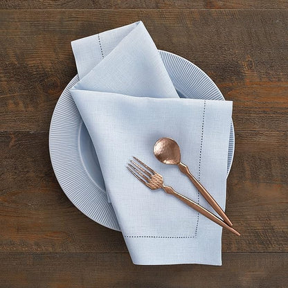 Solino Home Light Blue Linen Napkins Set of 4-100% Pure Linen Hemstitch Dinner Napkins 20 x 20 Inch for Christmas, Winter, New Year - Classic Hemstitch