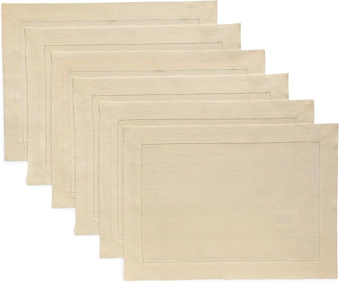 Solino Home Linen Cloth Placemats Set of 6-100% Pure Linen Hemstitch Beige Placemats 14 x 19 Inch - Classic Hemstitch Table Place Mats for Fall, Autumn