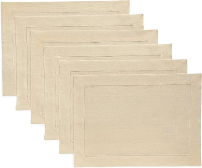 Solino Home Linen Cloth Placemats Set of 6-100% Pure Linen Hemstitch Beige Placemats 14 x 19 Inch - Classic Hemstitch Table Place Mats for Fall, Autumn