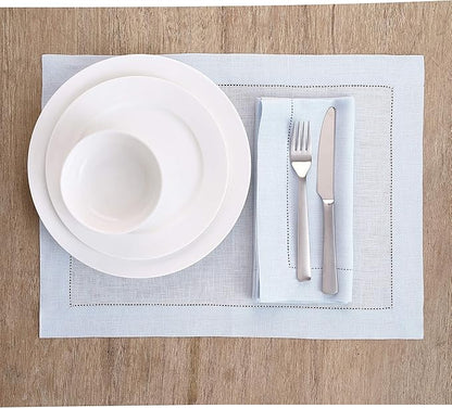 Solino Home Linen Cloth Placemats Set of 6-100% Pure Linen Hemstitch Light Blue Placemats 14 x 19 Inch - Classic Hemstitch Table Place Mats for Christmas, Winter, New Year