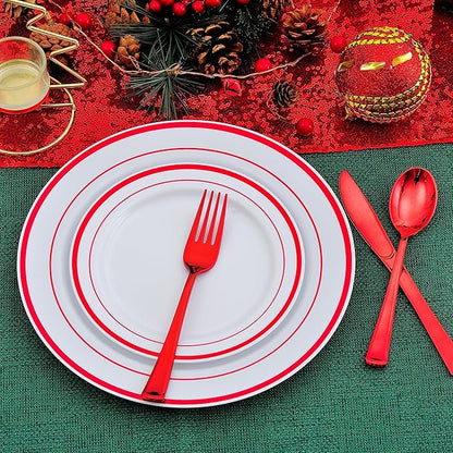 300 PCS Red Dinnerware Set for 50 Guests,Red Rimmed Heavy Duty Plastic Disposable Plates for Party Wedding-50 Dinner Plates,Dessert Plates,Spoons,Forks,Knives,Cups