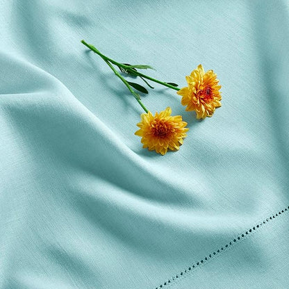 Solino Home Linen Aqua Blue Table Runner 108 Inches Long - 100% Pure Linen Hemstitch 14 x 108 Inch Table Runner for Dining, New Year - Classic Hemstitch