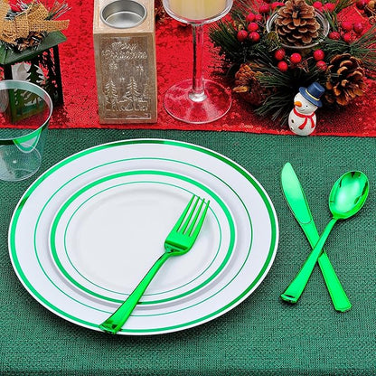 300 PCS Green Plastic Dinnerware Set for 50 Guests,Green Rimmed Heavy Duty Plastic Disposable Plates for Party Wedding-50 Dinner Plates,50 Dessert Plates,50 Silverware Set,50 Cups