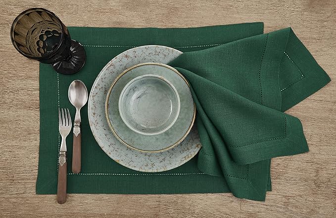 Solino Home Linen Placemats Set of 4 - Classic Hemstitch Rainforest Green Placemats 14 x 19 Inch - 100% Pure Linen Table Mats for Fall, Autumn, Christmas, Holiday, Winter, New Year