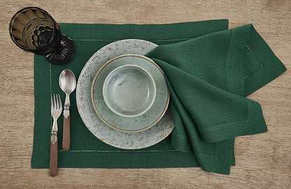 Solino Home Linen Placemats Set of 4 - Classic Hemstitch Rainforest Green Placemats 14 x 19 Inch - 100% Pure Linen Table Mats for Fall, Autumn, Christmas, Holiday, Winter, New Year