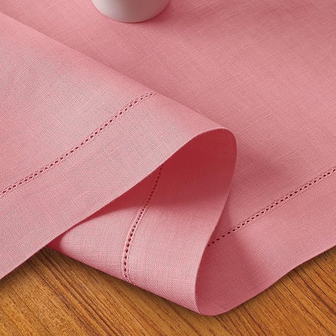D'Moksha Homes Linen Dusty Pink Table Runner 84 Inches Long - 100% Pure Linen Table Runner 14 x 84 Inch for Winter, Christmas, Holiday - Classic Hemstitch