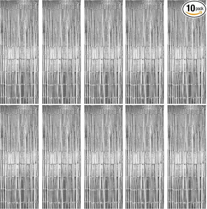 10 Pack Silver Foil Fringe Curtains, Silver Tinsel Backdrop Party Curtains, Party Decorations Supplies for Birthday, Holidays, Parties & More