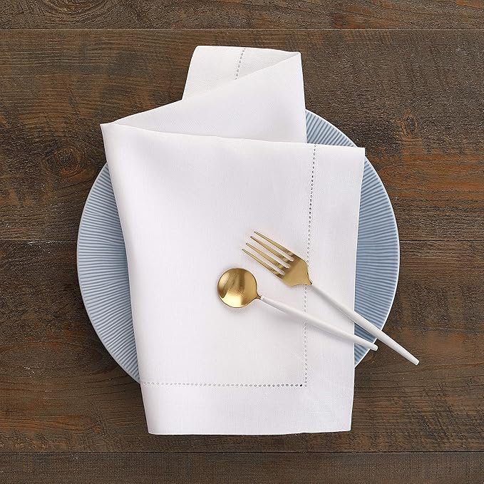 Solino Home White Linen Napkins Set of 4-100% Pure Linen Hemstitch Dinner Napkins 20 x 20 Inch for Fall, Autumn, Winter, Christmas, Holiday, New Year - Classic Hemstitch