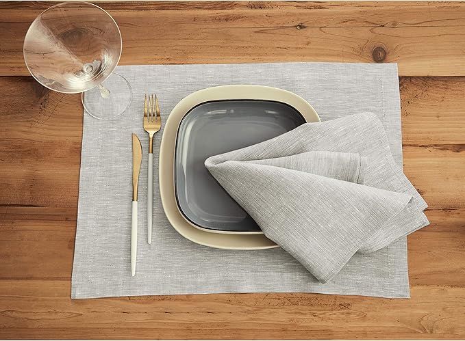 Solino Home Linen Placemats Set of 4-100% Pure Linen Oyster Grey Cloth Placemats 14 x 19 Inch for Fall, Autumn, Thanksgiving, Holiday - Athena