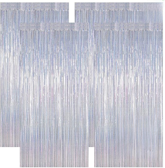 4 Pack Fringe Backdrop, 3.28 FT x 7.05 FT Glitter Silver Tinsel Curtains, Metallic Foil Streamer Disco Fringe Backdrop Party Curtains, Birthday Party Supplies Disco Decorations