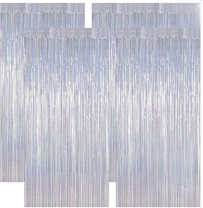 4 Pack Fringe Backdrop, 3.28 FT x 7.05 FT Glitter Silver Tinsel Curtains, Metallic Foil Streamer Disco Fringe Backdrop Party Curtains, Birthday Party Supplies Disco Decorations