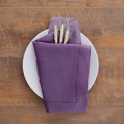 Solino Home Purple Linen Napkins Set of 4-100% Pure Linen Hemstitch Dinner Napkins 20 x 20 Inch for Fall, Autumn, Winter, Holiday, Christmas, New Year - Classic Hemstitch